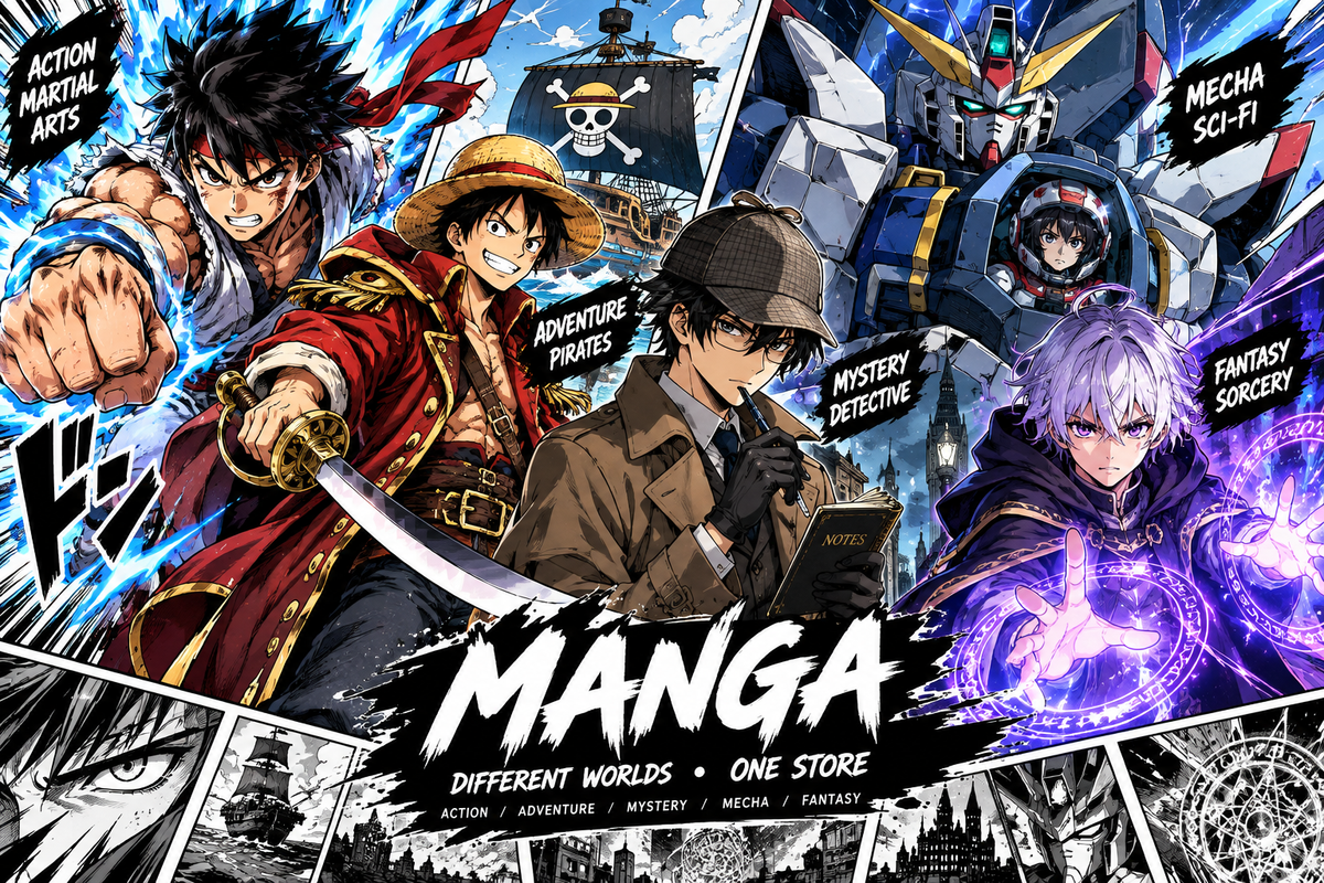 Ilustración manga con personajes ficticios variados