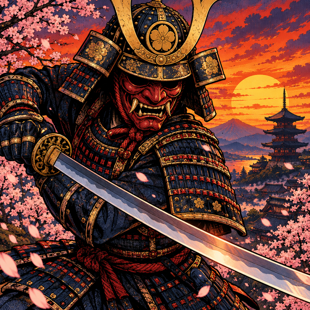 Samurai con máscara mempo, estilo cómic